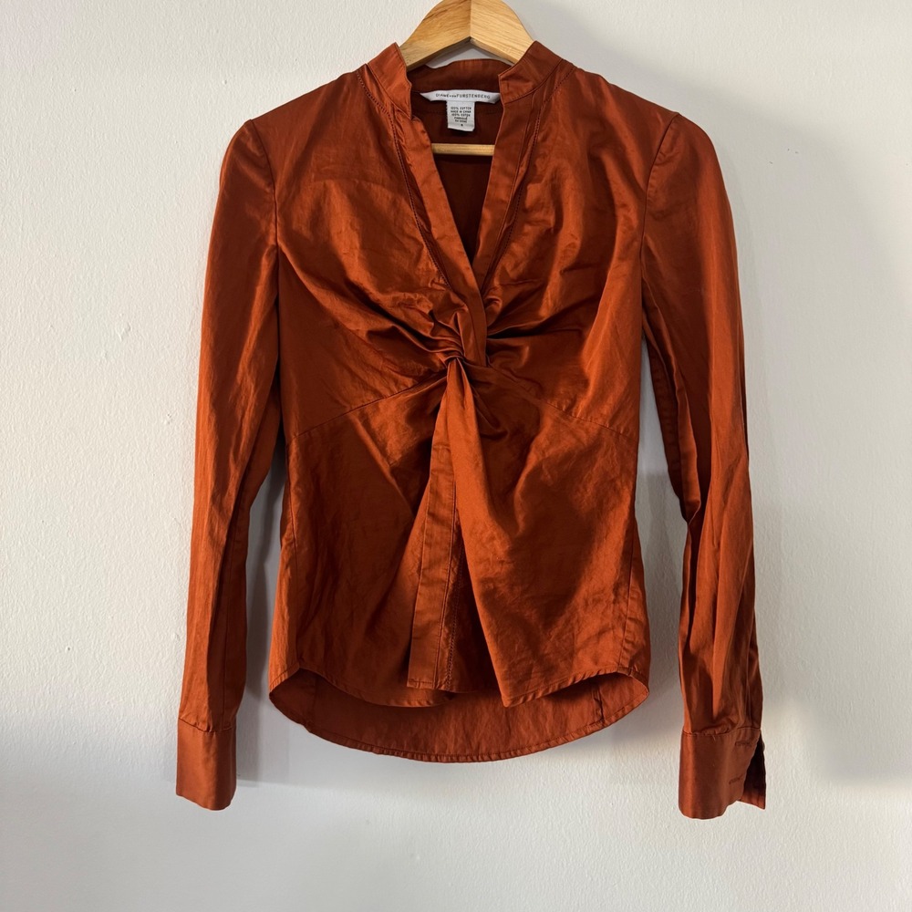 Diane von Furstenberg Orange Twist Front Cotton Blouse Size 6 Preppy Office Y2K